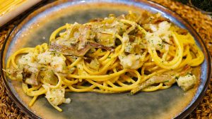 Spaghetto Quadrato con carciofi e scampi