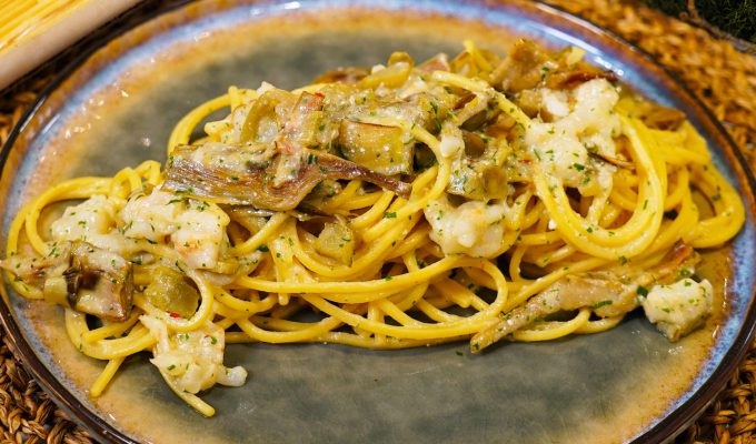 Spaghetto Quadrato con carciofi e scampi