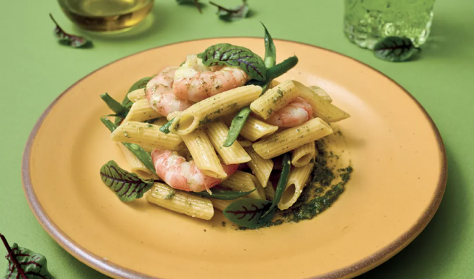 Penne al Basilico, Gamberi e Fagiolini